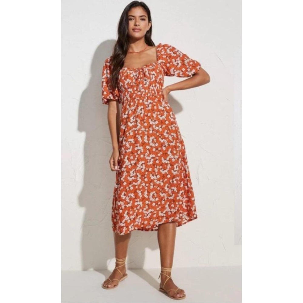 FAITHFULL | NWT Velika Smocked Midi Dress in Valencia Orange Floral, Size US 10